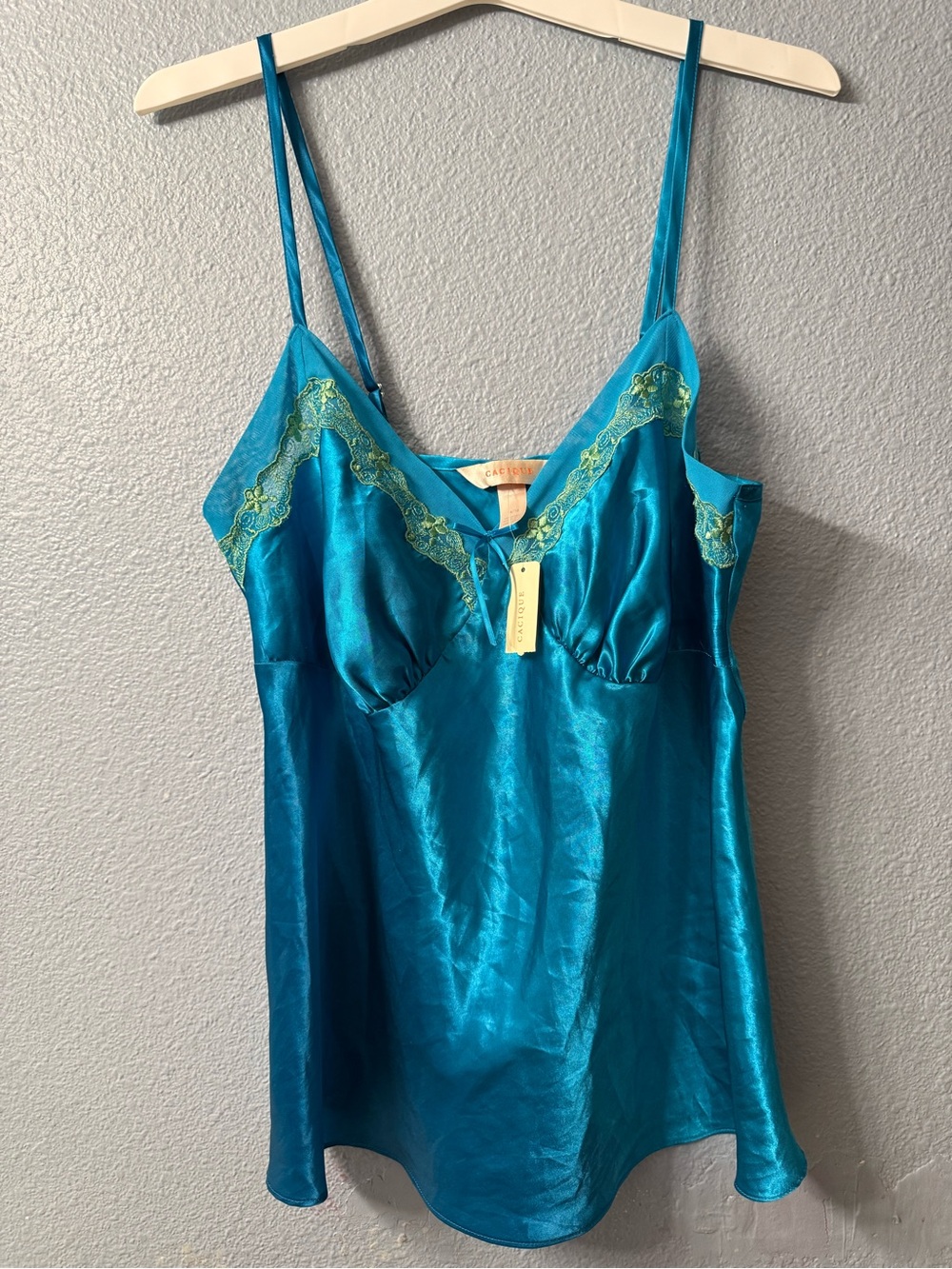 Cacique Teal Satin Chemise with Lime Lace Accent 14/16 NWT